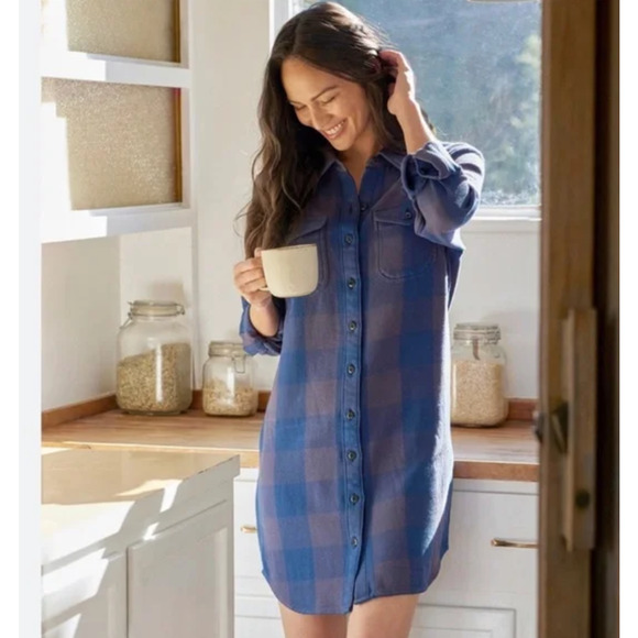 Outerknown BLANKET Cotton Flannel Shirt Dress in Blue Box Plaid Size XS NWT $168 - Picture 1 of 8